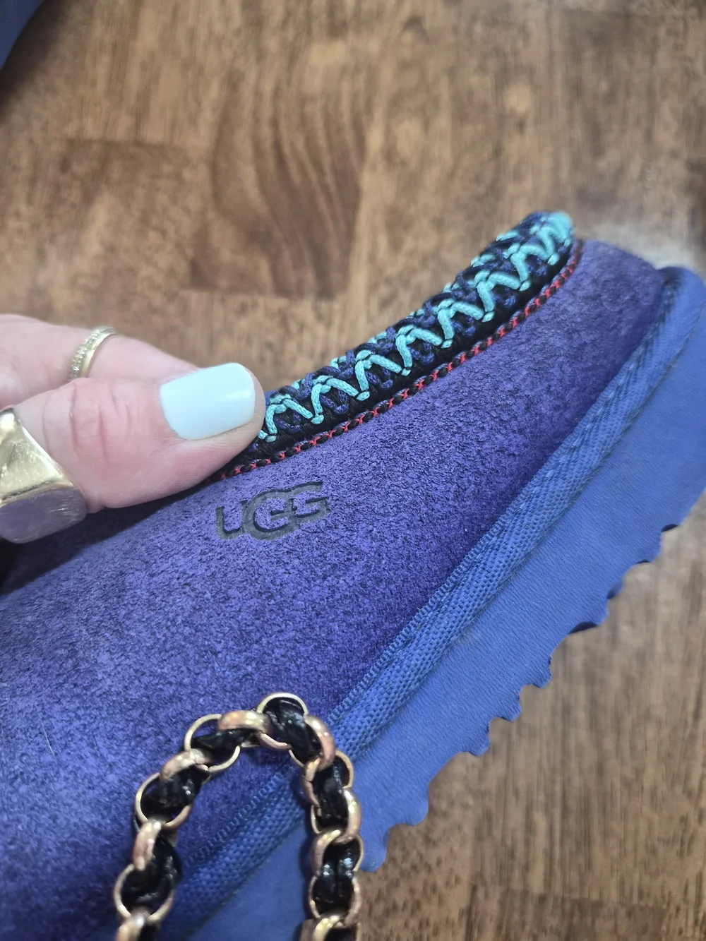 UGG Navy Suede Slip-On Clogs with Teal Braided Trim